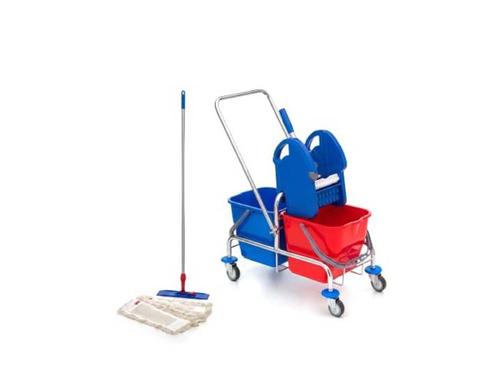 Wisch-Star Reinigungsset Chrom S, 40 cm Putzset mit Doppelfahrwagen Klappbarer Rollwagen aus Chrom, 2 Eimer mit 17L Volumen, Reinigungswagen mit Presse, Teleskopstiel 70–140 cm, 3 Baumwollmops