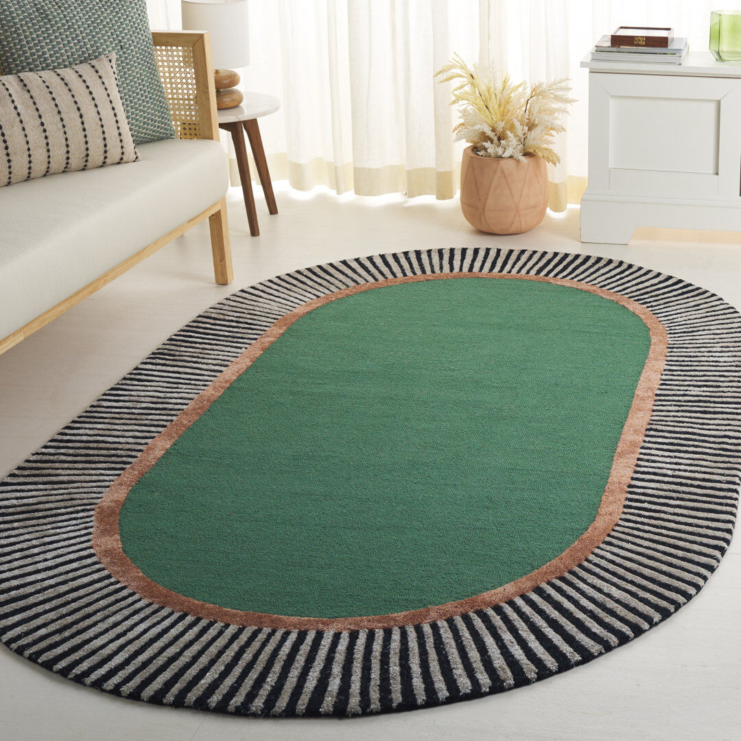 Ebern Designs Oval Striped Wool Hand Tufted Area Rug Green/Black Oval 183 X 244Cm