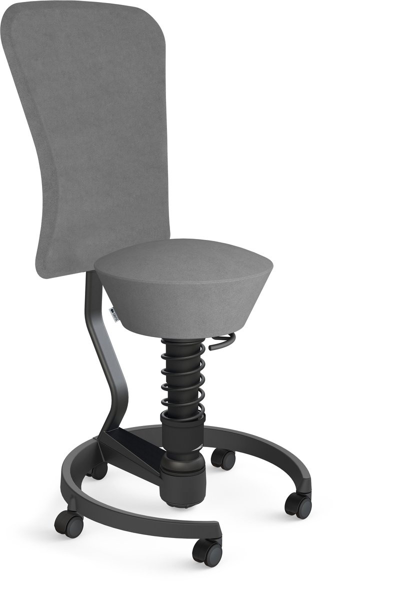 Aeris Swopper actieve bureaustool met rugleuning en zwenkwielen voor harde vloeren, zwart met grijze microvezel bekleding