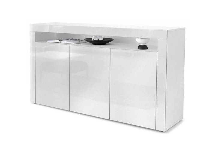 Vladon Sideboard Valencia (Sideboard, mit 3 Türen und 1 offenem Fach), Weiß matt/Weiß Hochglanz/Weiß Hochglanz (155 x 92 x 40 cm)