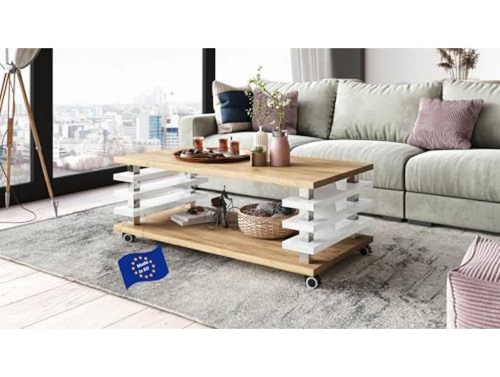 Carl Svensson Couchtisch DC-3 Eiche Gold / Weiß Hochglanz 120x60cm mit Ablage modern stabil vielseitig Wohnzimmertisch Beistelltisch Sofatisch Zeitloses platzsparend robust Wohnzimmer mit Rollen
