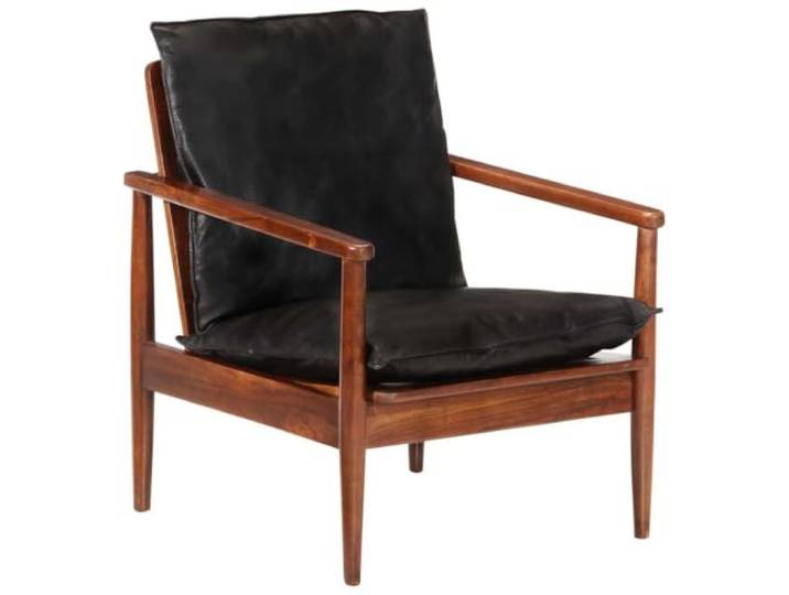 Sessel Schwarz Echtleder und Massivholz Akazie Armlehnen, dicke Schaumstoffpolsterung, Retro-Stil, bis 110 kg, Montageanleitung