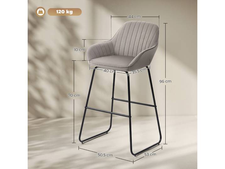 HOMCOM Ensemble 2 Tabourets de Bar Tissu Gris Pieds Métal