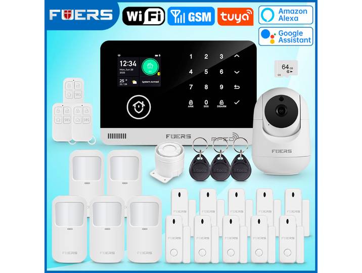 FUERS système d'alarme maison intelligente WIFI GSM alarme de sécurité hôte antivol avec capteur de mouvement de porte Tuya Smart App contrôle travail Alexa