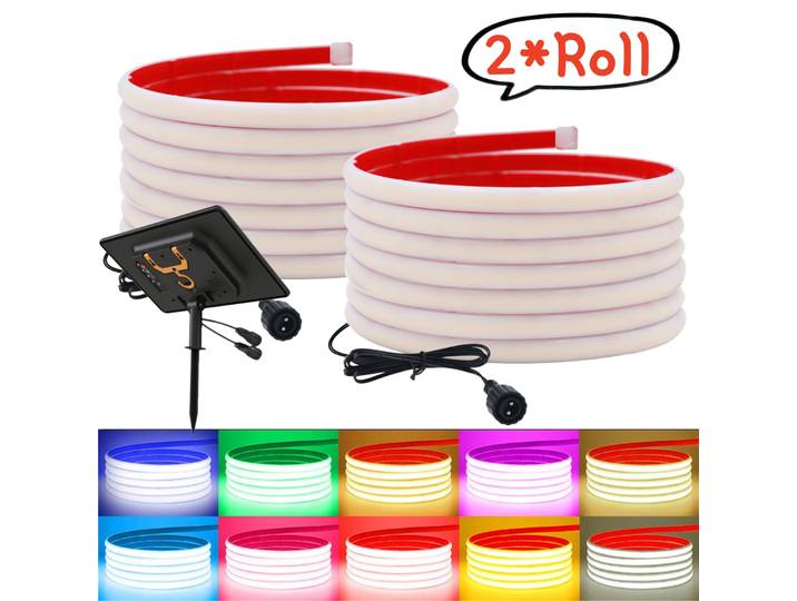 Bande lumineuse LED solaire COB néon 20M (2 rouleaux de 10m) IP68 étanche pour extérieur, éclairage linéaire 320 LED, RA90, haute densité, corde flexible