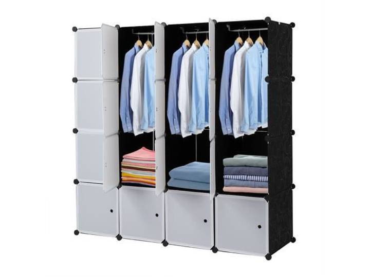 Armoire de Chambre Rangement 16 cubes Armoire Portable DIY Armoire Plastique Cadre Métal Modulaire en Plastique