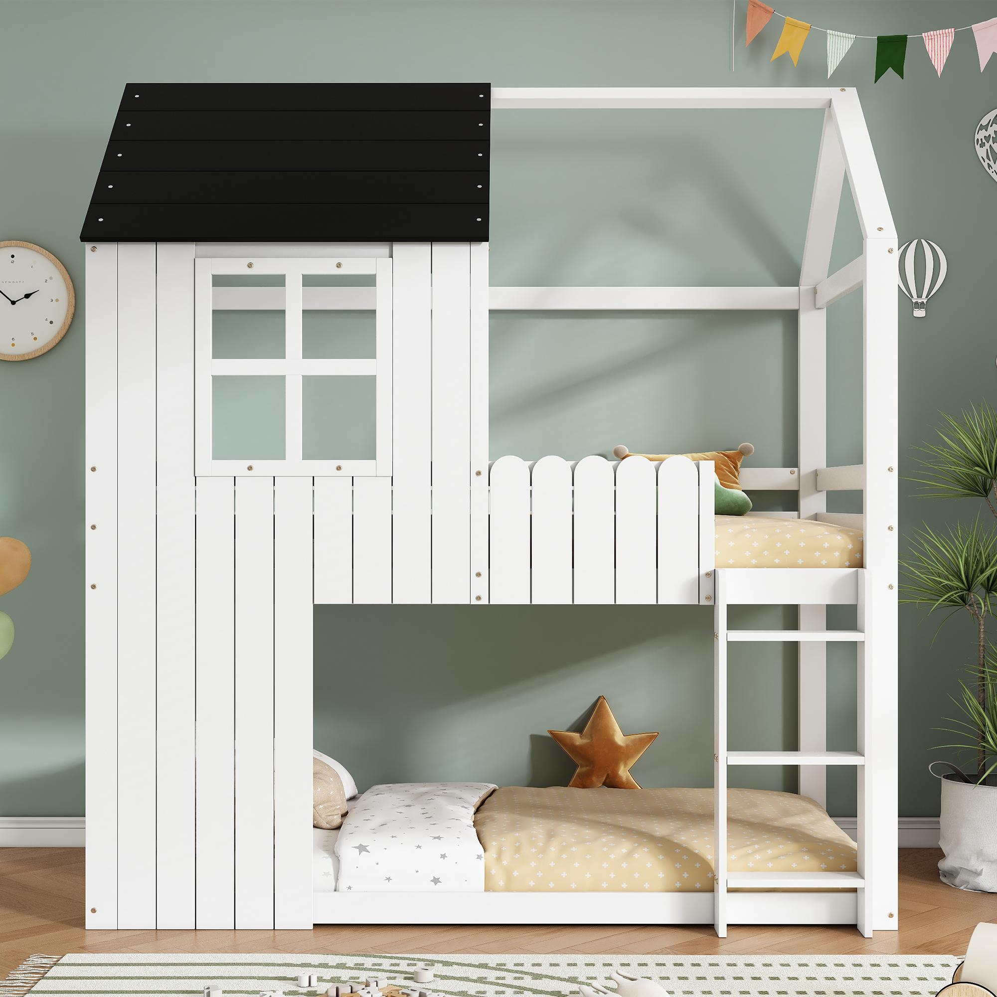 MODFU Kinderbett 90 x 200 mit Rundum-Schutzgitter,Hochbett mit Dreistufige Treppe,Hausbett Design mit Fenster,Hausform und Stauraum,ohne Matratze,Weiß+Schwarz