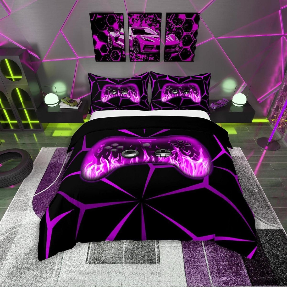 Gamer Dekbedovertrek Set - Zwart Paars - 200x200 cm
