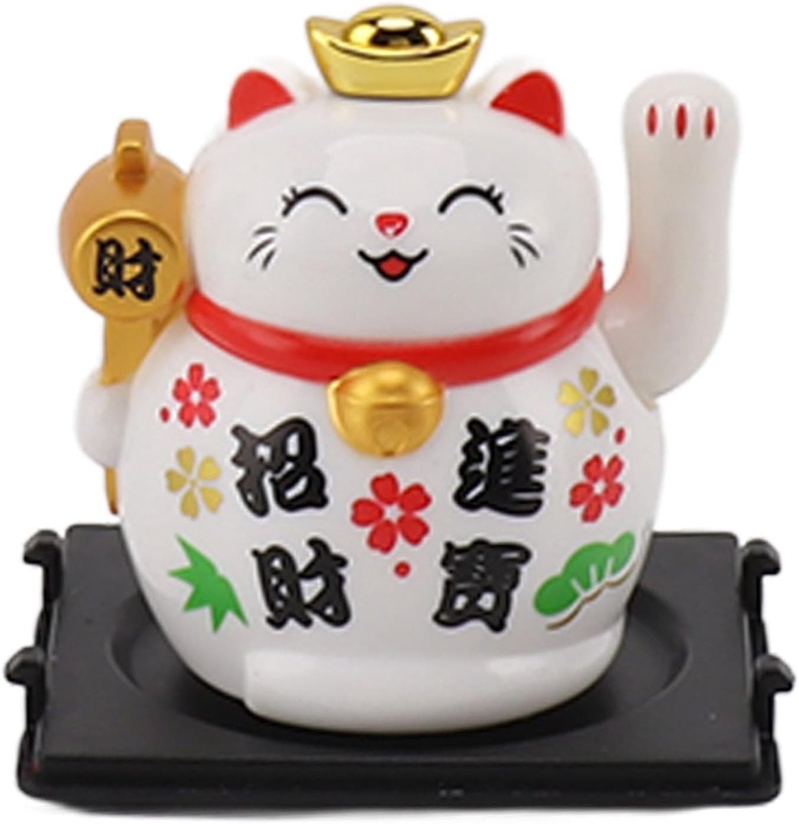Gelukkige Maneki Neko Kat met Pennant Arm - Schattige Witte Welkom Kat voor Thuis en Auto, Solar Pounding Decoratie voor Geluk en Prosperiteit