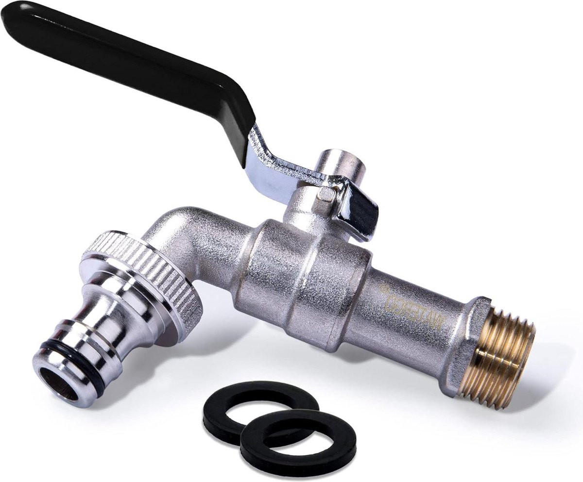 Vorstbestendige messing waterkraan met afvoer en quick coupling voor regenton, 3/4 inch, zwart/zilver
