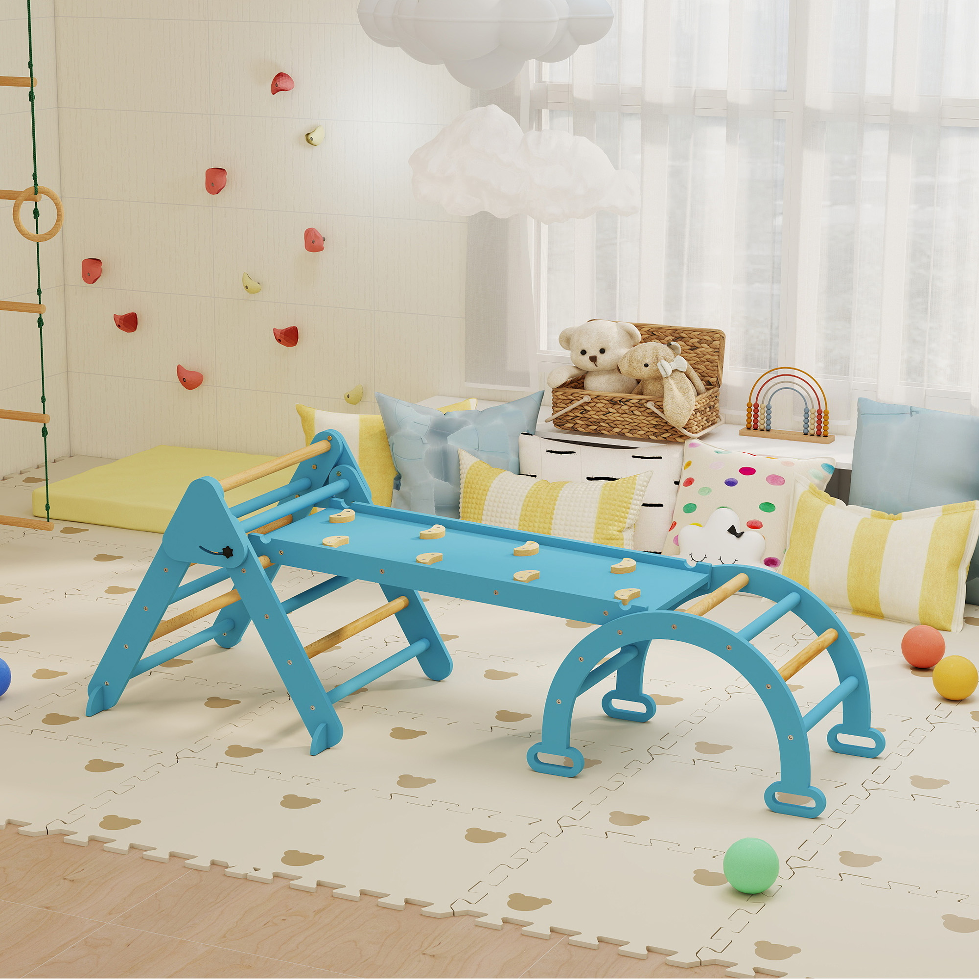Aiyaplay 7 in 1 Triangolo da Arrampicata Montessori in Legno Pieghevole con Arco e Rampa per Bambini 18-48 Meses 188x70 cm Azul   Aosom Italy