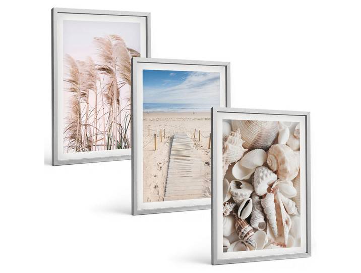 Tulup Bilder SET 3er Set - 40x60 cm Silberner Rahmen - Strandmuscheln Seegras, Silberfarben, Kunststoff, Rechteckig, 40x60 cm, Fotografie, Bilder & Rahmen, Bilder