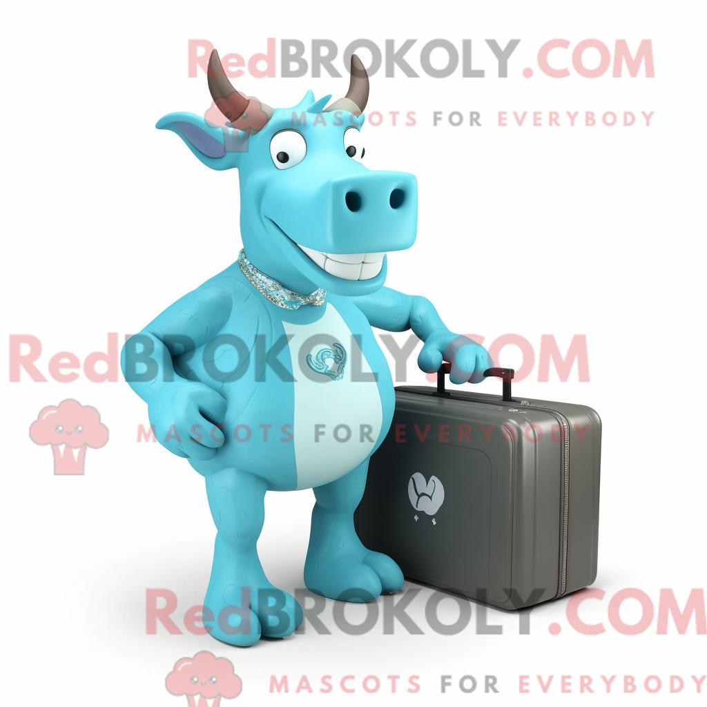 Maskottchenfigur REDBROKOLY eines cyanfarbenen Zebus mit Tanktop und Aktentasche
