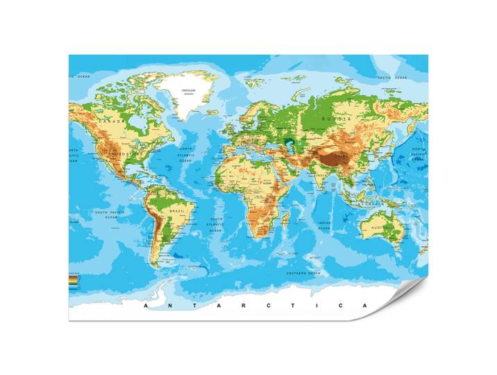 Muralo Fototapete für Wohnzimmer Physische Weltkarte Schriften 450x315, Grün, Gelb, Orange, Braun, Weiß, Blau, Papier, Land-/Weltkarte, Rechteckig, 450x315 cm, Tapeten & Wandverkleidungen, Fototapeten