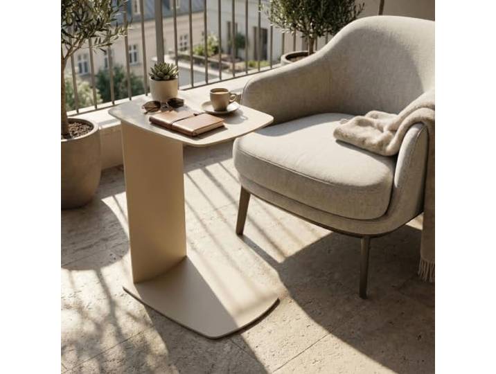 Siqual Design Beistelltisch Metall C-Form, pulverbeschichtet & wetterfest – Sofa Couch Tisch für Wohnzimmer, Balkon & Terrasse – Standby (Champagne Beige)