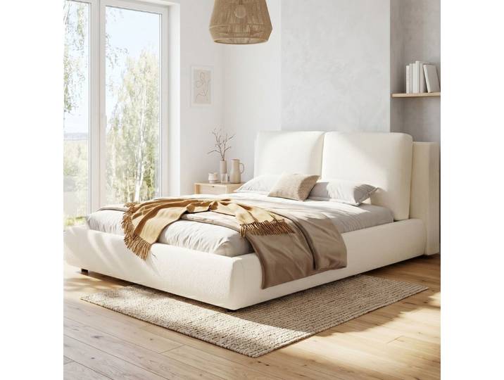 MODFU Polsterbett Komfort-Doppelbett mit Bouclé-Bezug & Lattenrost (Packung, Beige, 12 cm Kopfteil, ohne Matratze, für ruhigen Schlaf), 160×200 cm, Hydraulik, Stauraum