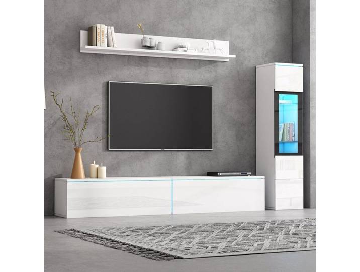 Ensemble meuble TV 3 pièces comprenant 1 meuble TV 1 vitrine 1 étagère murale avec éclairage LED - Blanc