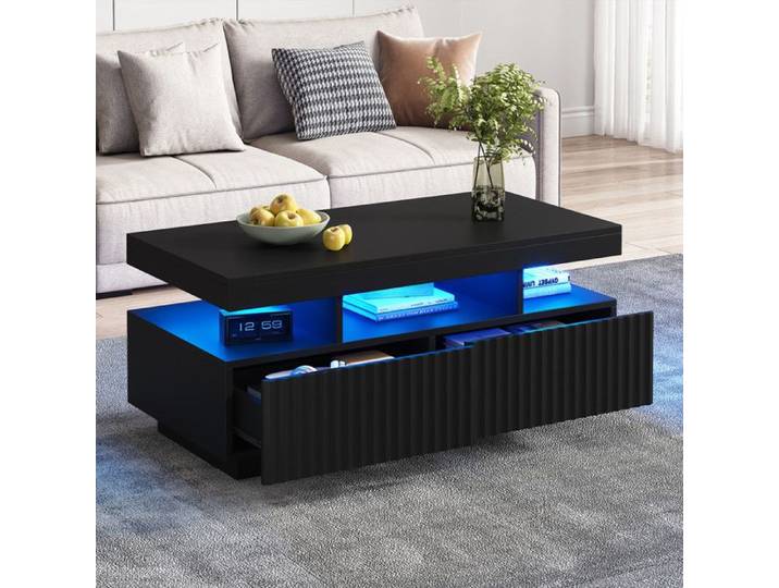Table basse à deux tiroirs - table à thé formée sous vide à rayures verticales table de salon table basse - barre lumineuse LED Noir