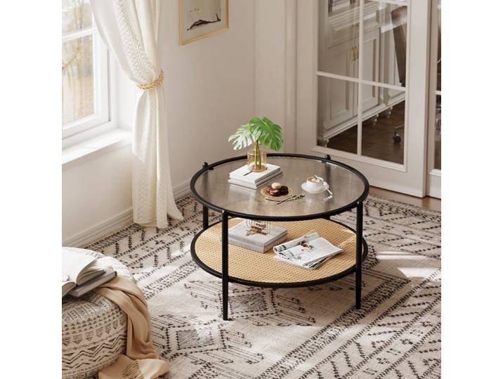 Table basse ronde 30in verre trempé 2 niveaux rotin noir salons