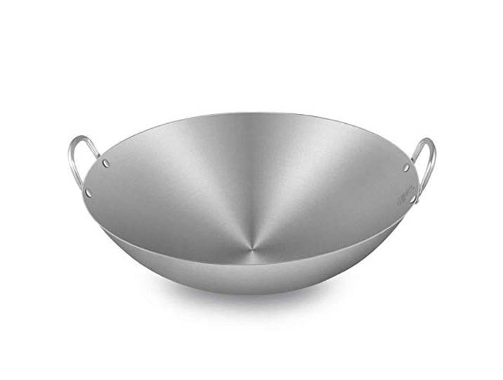 Wok Dicker Edelstahl Binaural Runder Boden Gewerblicher Haushalt Antihaftpfanne Unbeschichteter Gasherd,50cm