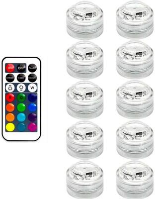 Inspire Select Mini Submersible LED Tea Lights With Remote IP68 Waterproof 13 Color Underwater LED Lights For Vases & Parties 10 Light 1 Control