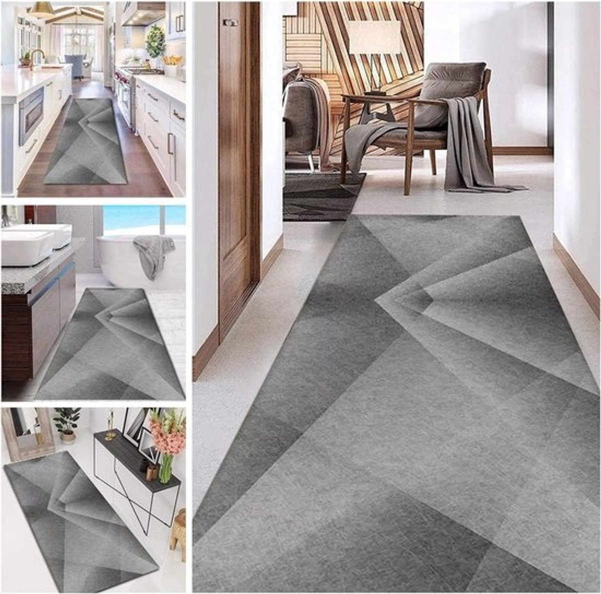 Extra Breed Gangtapijt Runner Geometrisch Grijs - Antislip Wasbare Loper voor Hal, Keuken en Slaapkamer