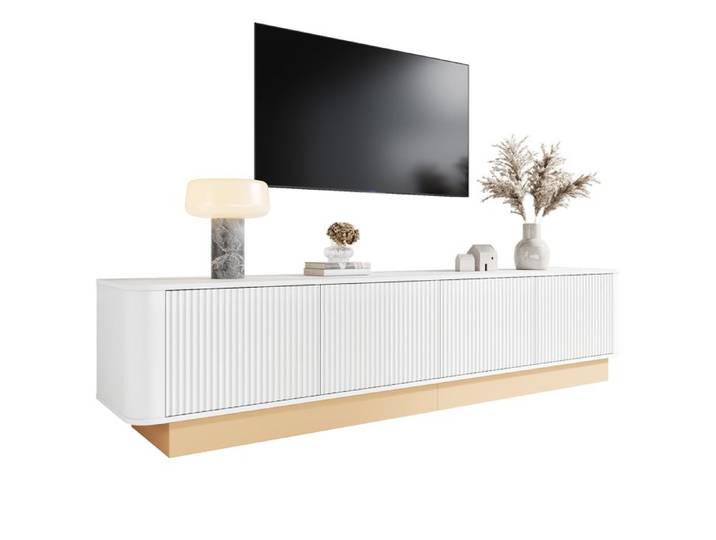 Meuble TV 200x40 cm Maisentiel - 4 portes avec étagères réglables et passe-câbles coins arrondis - Blanc