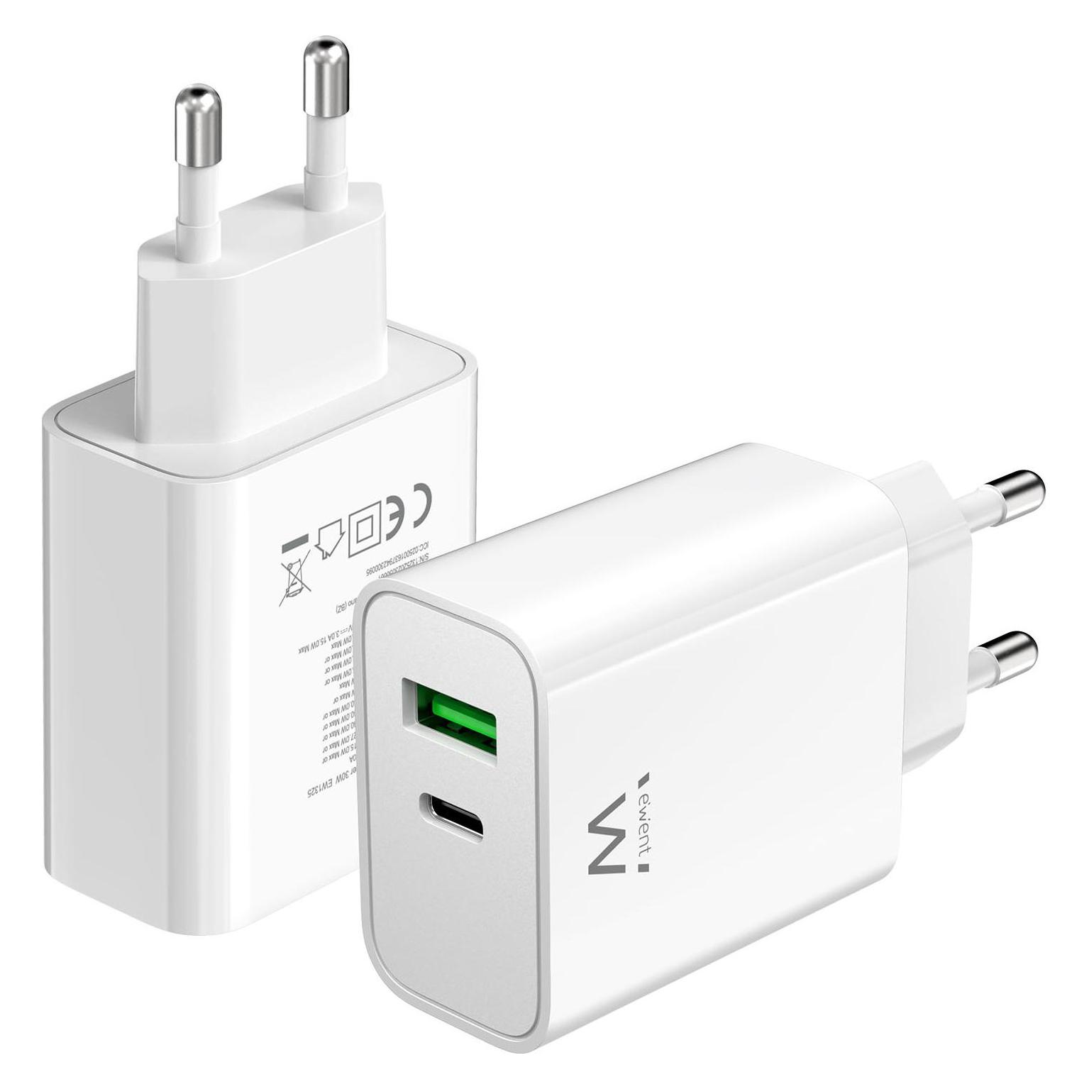 Ewent CARGADOR USB-C Y USB-A QC3.0 AC PD 2 PUERTOS (30 W) BLANCO (30 W, 1 Port) (EW1325)