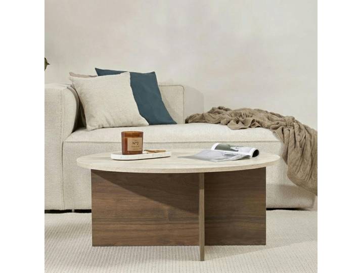 Table Basse Ronde Décor Travertin Et Noyer Marfa