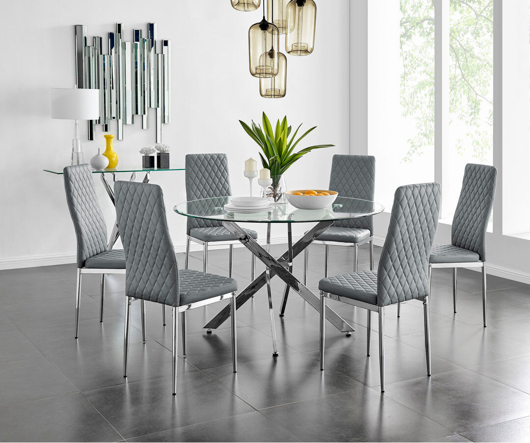 Canora Grey Tierra Modern Chrome Metal & Glass Round Dining Table Set with 6 Quilted Faux Leather Chairs Grey 6