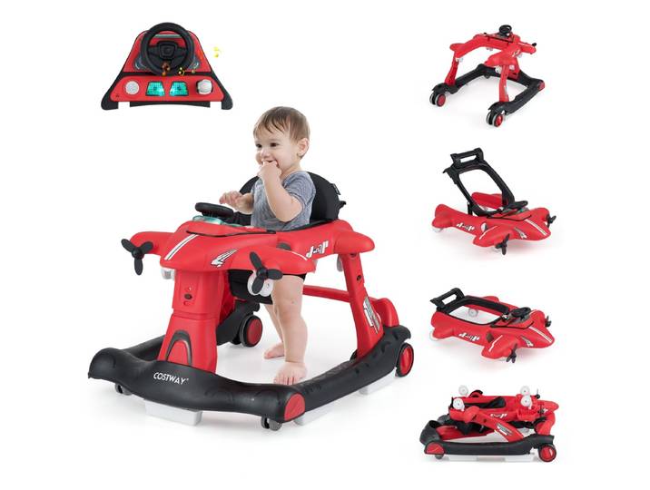 6-in-1 Opvouwbare Babyloopstoel Vliegtuigontwerp Drie Hoogte-instellingen-Rood