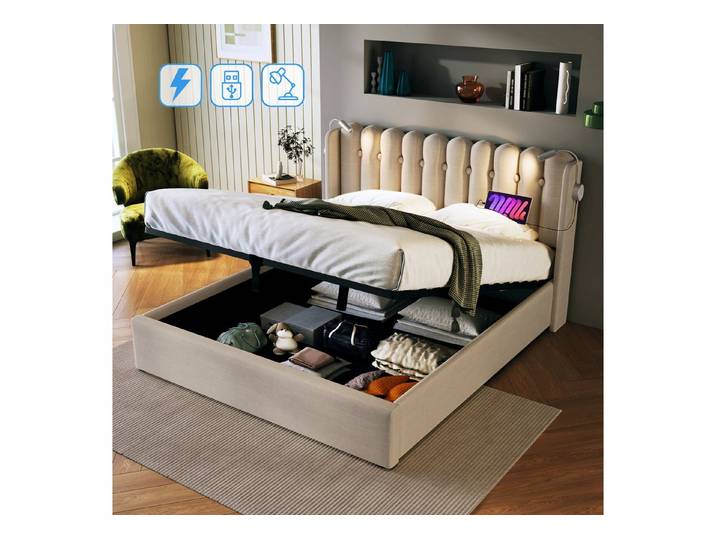 STILVORA Polsterbett 140x200 Bettgestell Jugendbett mit Stauraum,Doppelbett mit Leselicht (Jugendbett), 0