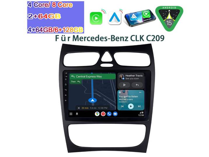 A-Sure Autoradio Android 15 Carplay Für Mercedes Benz C-Klasse W203 W209 Autoradio (Digitalradio (DAB), FM, AM)