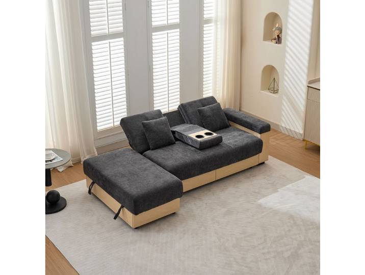 COVREO Canapé convertible 3 places 217 cm avec rangement dossier réglable 3 positions tissu chenille gris