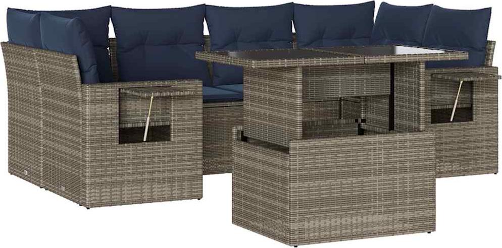 7-teiliges Gartensofa-Set mit Kissen, grau, Polyrattan