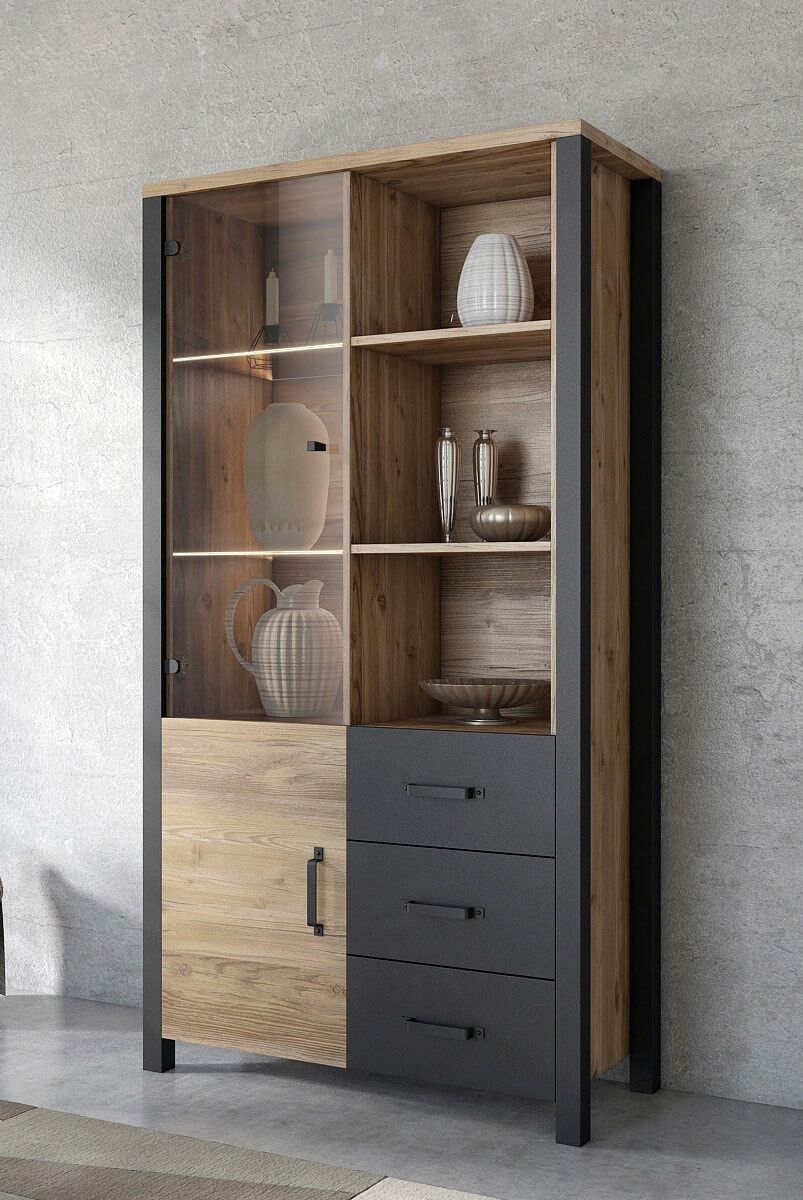 Vitrine HOME AFFAIRE "Olin", schwarz (appenzeller fichte, appenzeller fichte, schwarz matt), B:101cm H:191cm T:43cm, Dekorfolie, FSC-zertifizierter Holzwerkstoff, Schränke, Vitrine appenzeller fichte, appenzeller fichte, schwarz matt Appenzeller Fichte, B