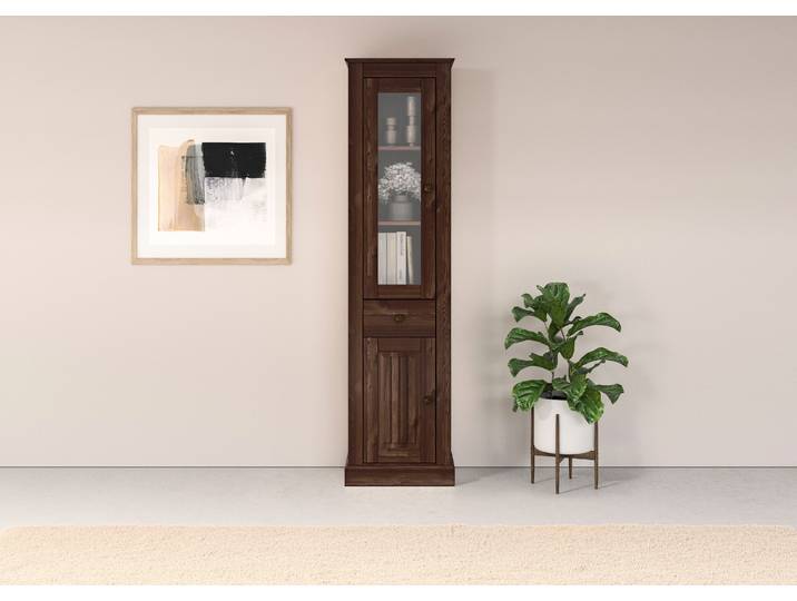 Vitrine GOODPRODUCT Liotta , braun, B:46,5cm H:181cm T:31cm, Massivholz, Schränke, Vitrine, eine Glastür und einer Holztür und einer Schublade