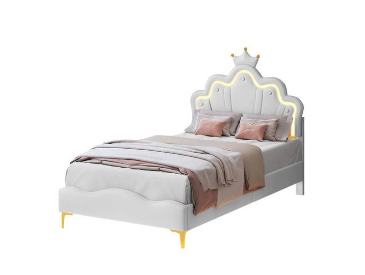 Shopentra Kinderbett 90/200 cm weiß mit Led, Weiß, Holz, Schlafzimmer, Betten, Polsterbetten