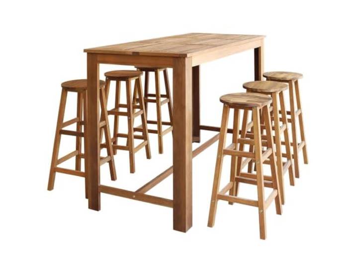 Xolmizyn 7-TLG. Bartisch-Set, Massives Akazienholz, Rustikaler Thekentisch Inklusive 6 Hocker, Witterungsbeständige Öloberfläche, Ideal für Esszimmer