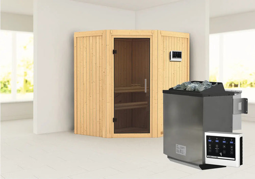 Elementsauna Karibu Maurin inkl. 9 kW Ofen u.ext.Steuerung ohne Dachkranz mit graphitfarbeneer Ganzglastüre