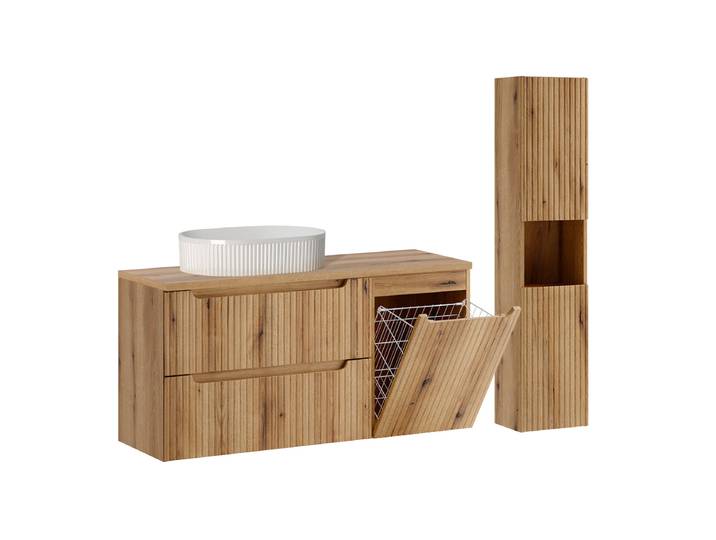 Ensemble meuble simple vasque 120cm panier à linge et colonne Riva Bois