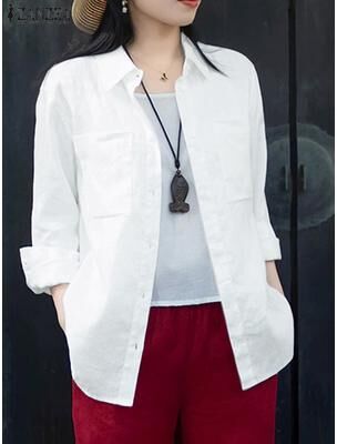 On Spot Shop ZANZEA Womens Oversized Shirt, Casual Long Sleeve Button Up Top, Cotton Street Fashion Chemise For Spring And Fall m white
