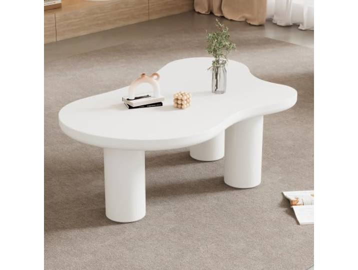 YuQozii Unregelmäßiger Couchtisch in Wolkenform, 107cm Länge, 66cm Breite, 40.5cm Höhe, MDF-Tischplatte und PVC-Beine, mit Filzunterlage (Weiß)