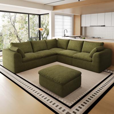 Loedds 108.3-inch 5-Seat Modular V-Shaped Fabric Sectional Sofa with Ottoman and Resilient Foam Cushioning, Green