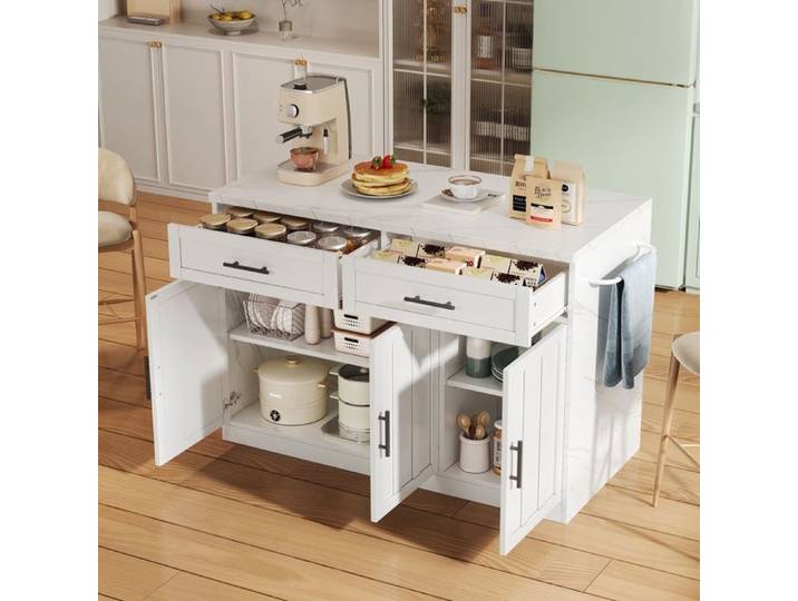 Îlot de cuisine 120x60x91 cm îlot central moderne avec plan de travail 2 tiroirs 3 portes prises ports USB étagères réglables
