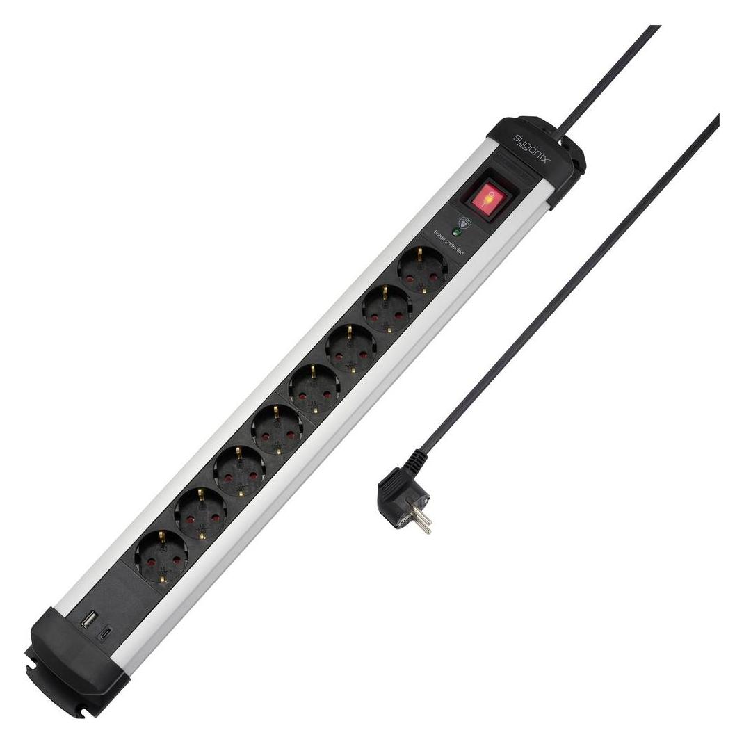 Sygonix SY-6807134 Überspannungsschutz-Steckdosenleiste 8fach Schwarz, Silber Sc (8x, CEE 7/3) (SY-6807134)