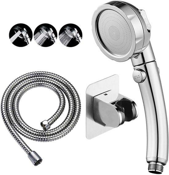 Famanu Handdouche met hoge druk, waterbesparend, 3 straalstanden, chroom