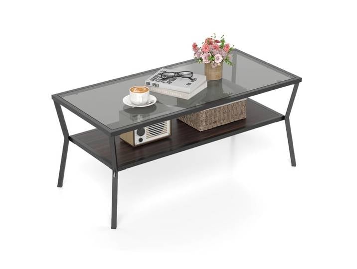 Table Basse à 2 Niveaux avec Étagère COSTWAY Table Central Rectangulaire avec Plateau en Verre Trempé Table Basse Salon pour Bureau