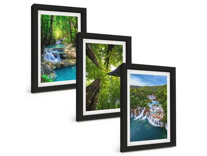 BILDER SET 3er Set - 20x30 cm Schwarzer Rahmen - Wasserfälle grüner Wald Wasser