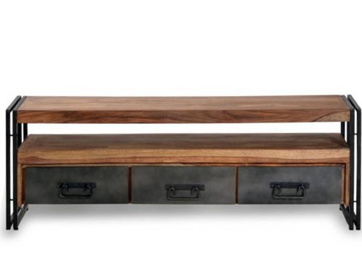 SIT-Möbel 9275-01 TV Lowboard Panama Shesham Natur mit schwerem Altmetall und Gebrauchsspuren, 160 x 40 x 55 cm, 3 Schubladen, 1 offenes Fach